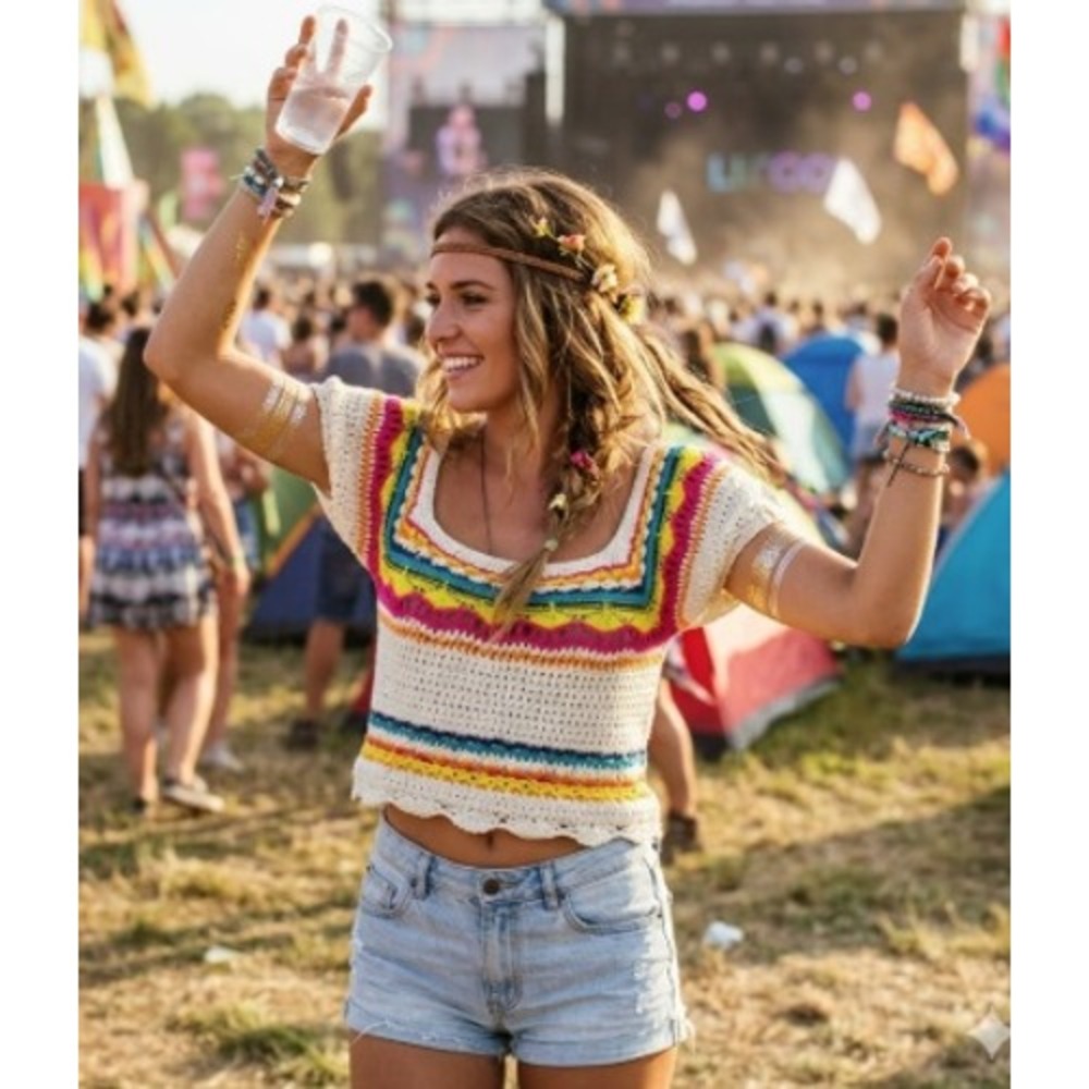 Zara Rainbow knit Crochet Crop Top Festival Coachella Boho Short Sleeve Sz Large